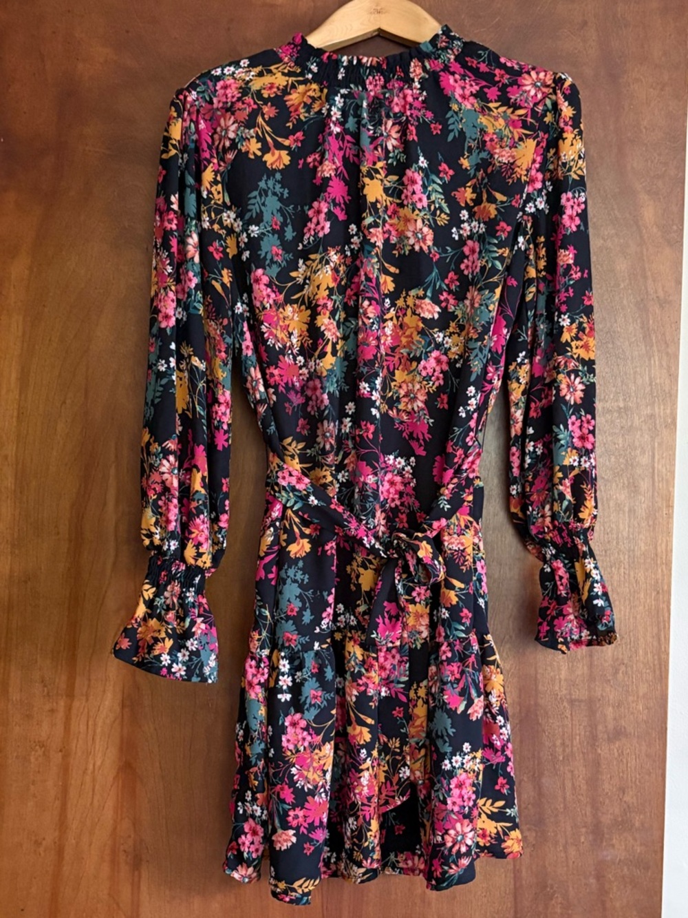 Floral Long-Sleeve Dress - Black with Pink & Orange Floral